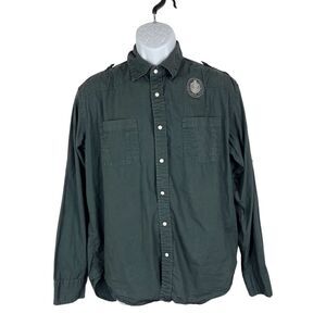 Jeffrey Max Military Button Down Shirt Men Large Grey Roll Tab Sleeve Vintage